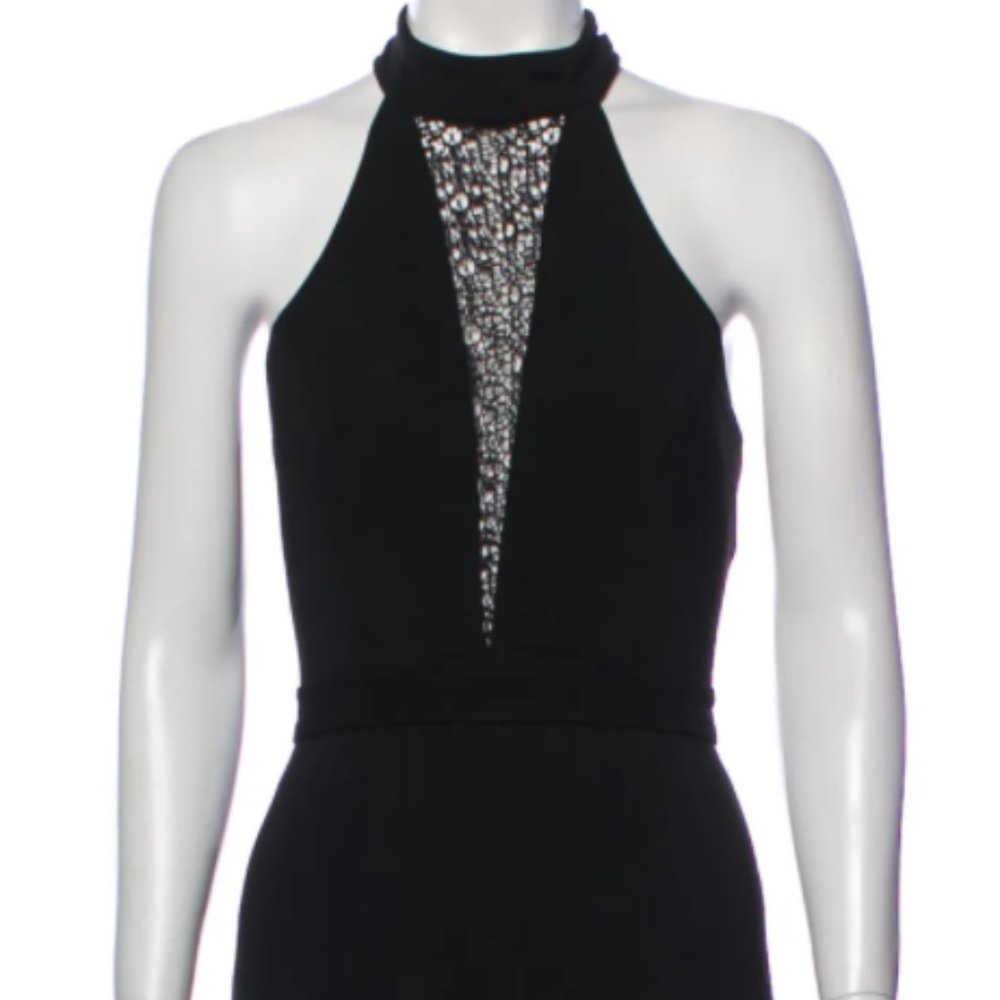 JAY GODFREY Black Halter + Lace Long Evening Gown
